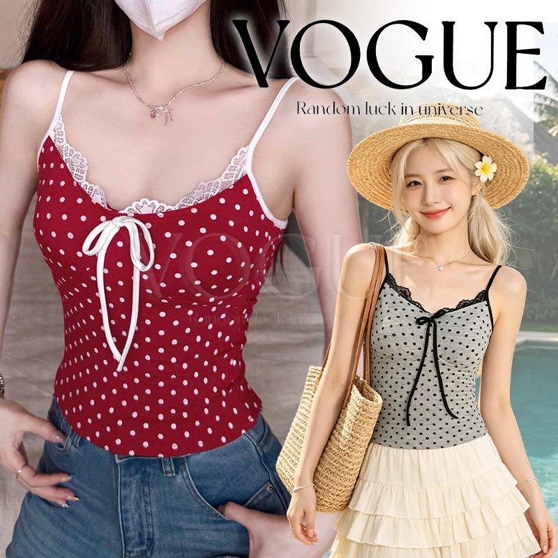 Vogue🌟พร้อมส่ง🌟 เสื้อสายเดี่ยวคอวี ลายจุดผูกโบว์ขอบลูกไม้ มีฟองน้ำในตัว แมตได้ทุกลุค (FYC2907)