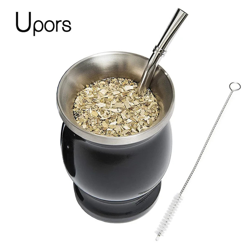 UPORS Yerba Mate Cup 304 สแตนเลสผนังคู่ 8oz Argentine Yerba Mate Gourd พร้อม Bombillas และแปรงทําควา