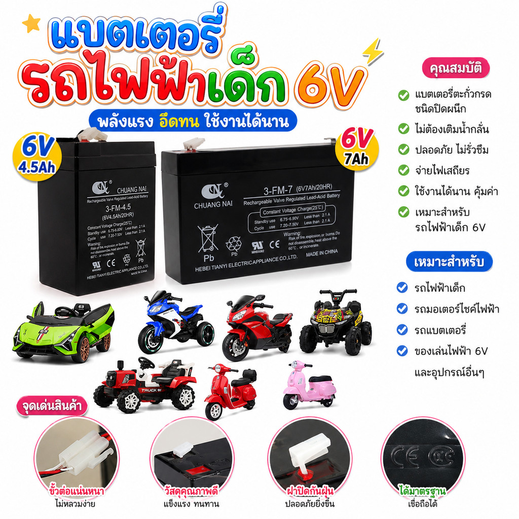 แบตเตอรี่ 6V 4.5Ah สำหรับรถไฟฟ้าเด็ก และ UPS แบตเตอรี่คุณภาพดี เหมาะสำหรับรถไฟฟ้าเด็ก รถแบตเตอรี่เด็ก