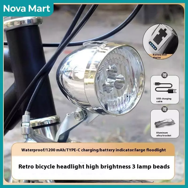 NOVA Mart 3แอลอีดีไฟหน้าจักรยานย้อนยุค3โหมดแสงด้านหน้าประเภท C ชาร์จไฟหน้าจักรยานคลาสสิกวินเทจอุปกรณ์เสริมในสต็อก