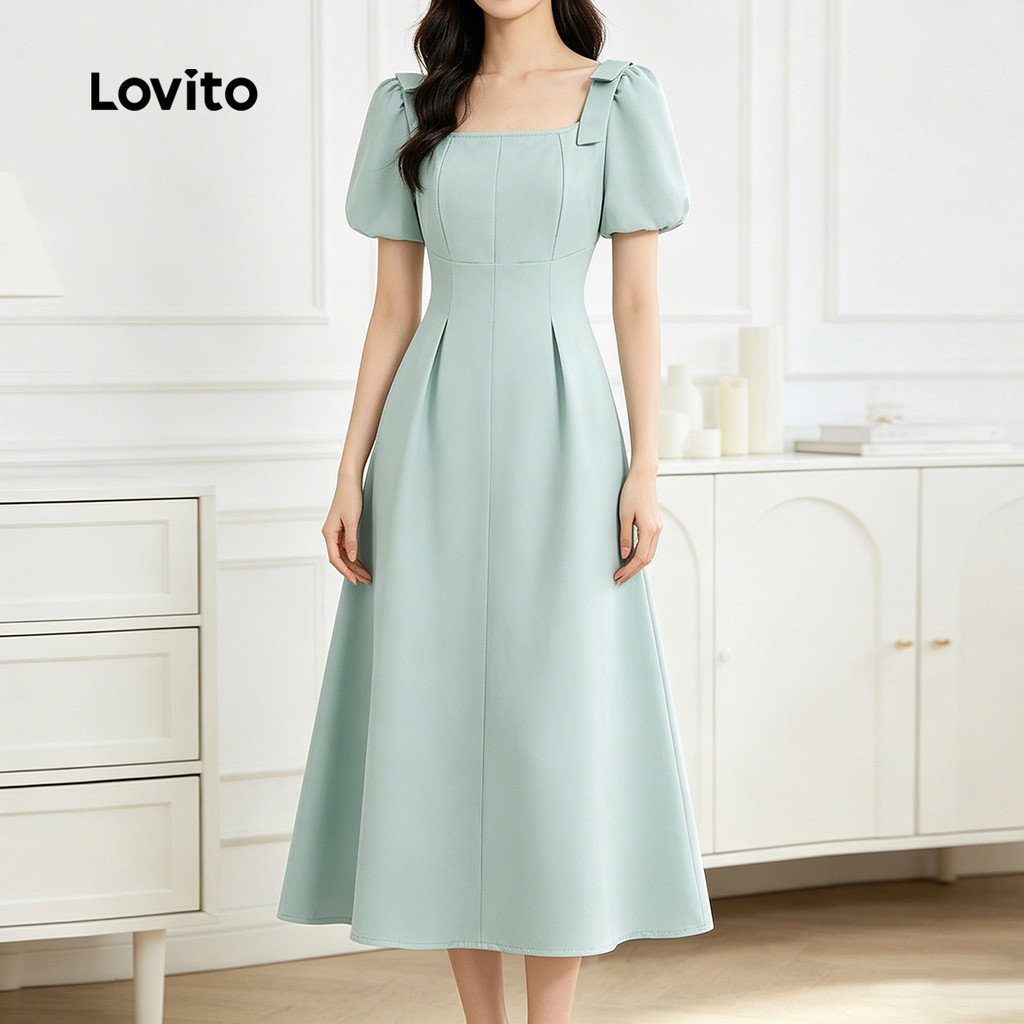 Lovito สง่างาม เดรสผู้หญิงทรงโบว์เส้นสายสีเขียวอ่อน LK3AD1136