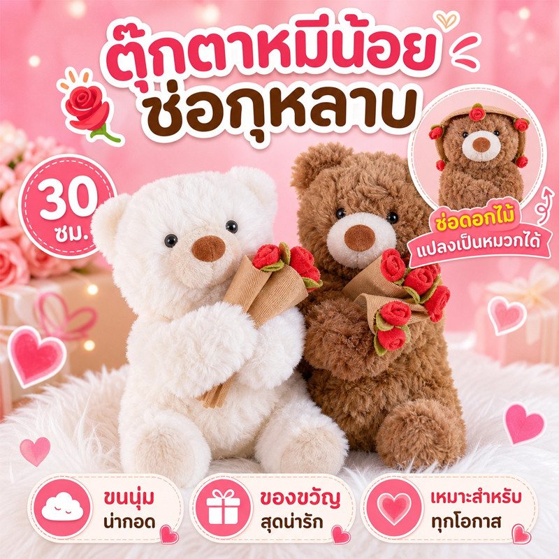 COD ตุ๊กตาหมีน้อย กอดดอกกุหลาบลูกหมี 30cm นุ่มและน่ารัก ของเล่นตุ๊กตา ของขวัญวันเกิด ของขวัญวันหยุด