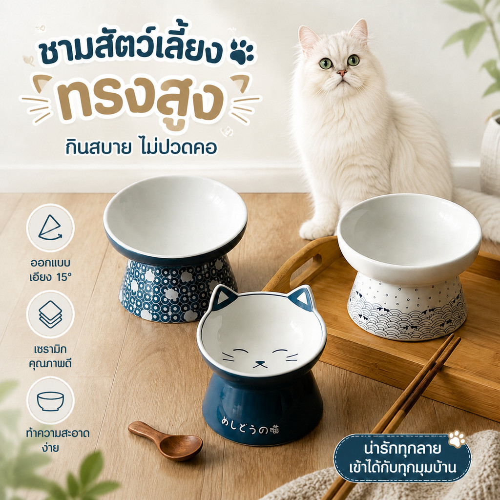 ชามแมว ชามอาหารแมวเซรามิก เอียง 25องศา/ ชามอาหารสัตว์เลี้ยง รูปแบบของสไตล์ญี่ปุ่น สําหรับสัตว์เลี้ยง สุนัข แมว