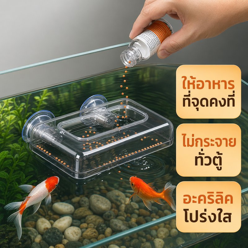 ที่ให้อาหารปลา อะคริลิคใส ชามให้อาหารปลา ติดตู้ปลา กำหนดจุดให้อาหาร ลดอาหารกระจาย สำหรับตู้ปลา