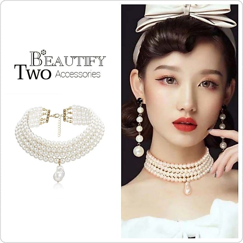 🎗️✨สร้อยไข่มุกสี่ชั้นประดับจี้มุขสวยแปลกสะดุดตาสาวไฮโซชอบบบ🌠