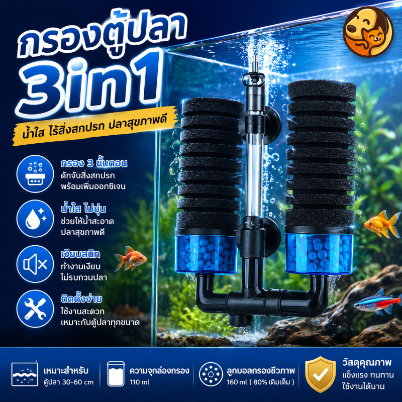 COD กรองตู้ปลา 3in1 แขวนข้างตู้ ฟองน้ำเพิ่มออกซิเจน กรองลึก เงียบ เหมาะทุกขนาด