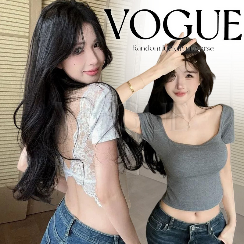 Vogue พร้อมส่ง เสื้อยืดแขนสั้น ดีไซน์เปิดหลังประดับลูกไม้สุดประณีต มีฟองน้ำ แฟชั่นสุดฮิตสำหรับสาวๆ (FY147#1)