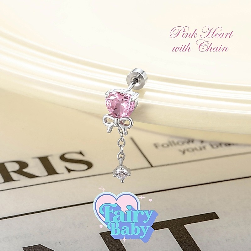 Fairybaby จิว Pink Heart with Chain ( 1 ชิ้น ) หัวใจ แป้นแบน โบว์ ตุ้งติ้ง สวยงาม เล่นแสง 0.8 ยาว 6mm (J3-093)
