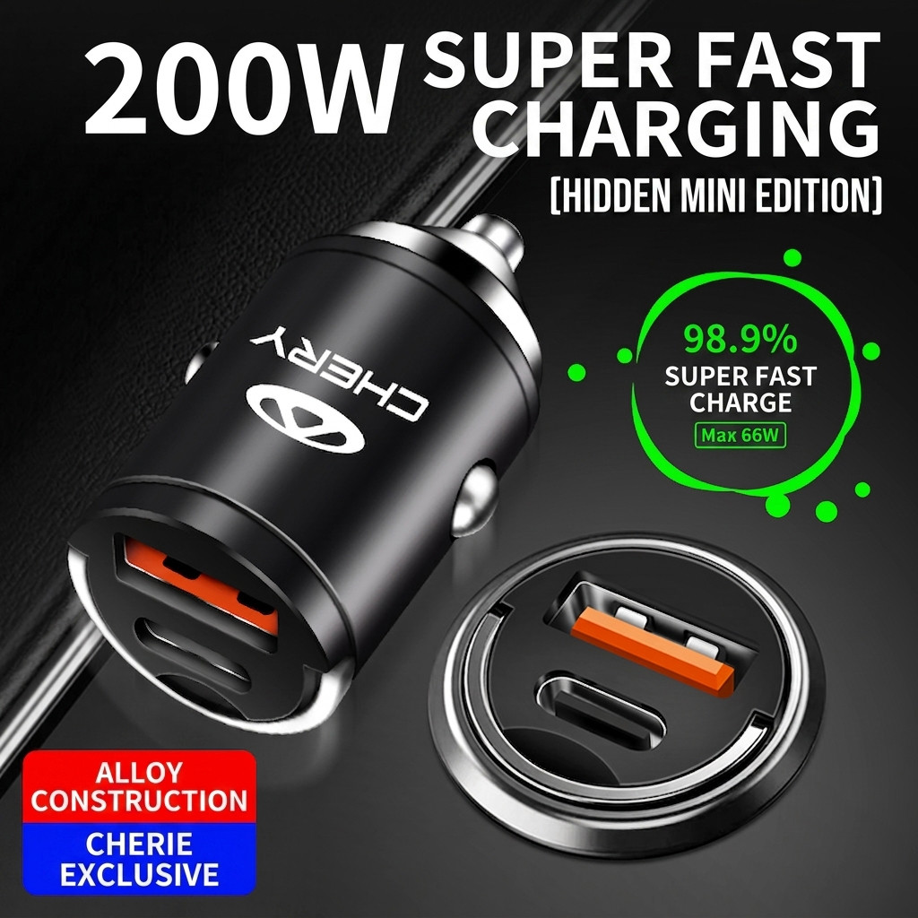 200W Hidden Mini Car Charger โลหะผสมโลหะ USB Type C Fast Charging PD QC Super Fast Charge สําหรับ Ch