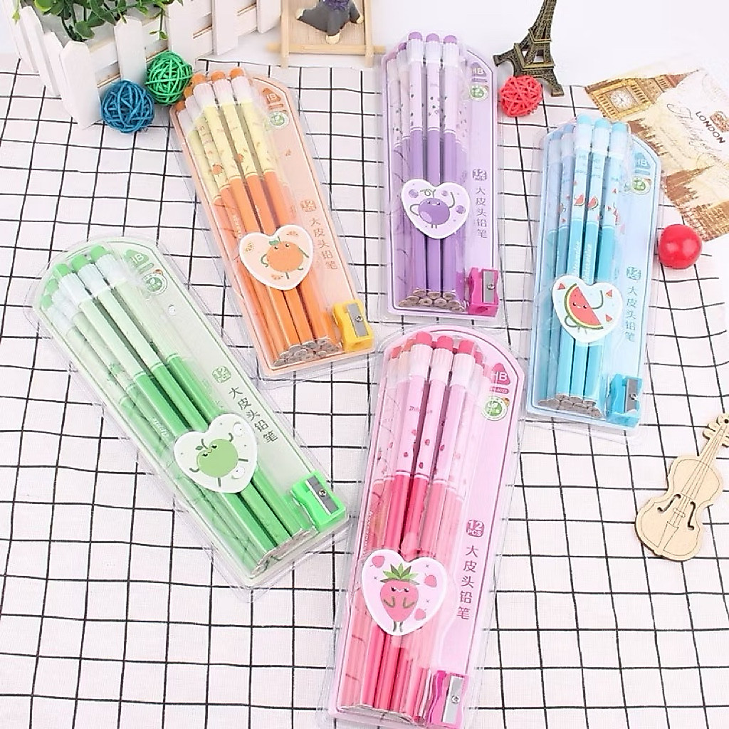 {chuanchuan}ชุดดินสอสีลูกอมพาสเทลผลไม้12แท่ง(HB)พร้อมกบเหลา ดินสอสอบกบเหลา