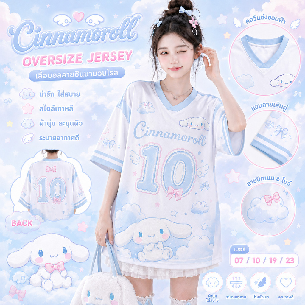เสื้อบอล Oversize ผู้หญิง เสื้อกีฬาแฟชั่น ลายการ์ตูน Cinnamoroll สีพาสเทล ขาวฟ้า เบอร์ 10/12/23/88 ผ้านิ่ม ใส่สบาย น่ารั