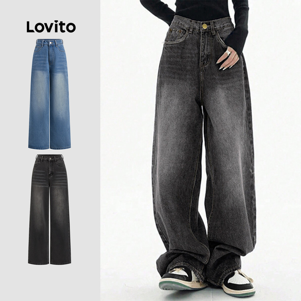 Lovito กางเกงยีนส์ขายาวผู้หญิง แต่งหนวดแมว มีกระเป๋า สไตล์แคชชวล L106AD240