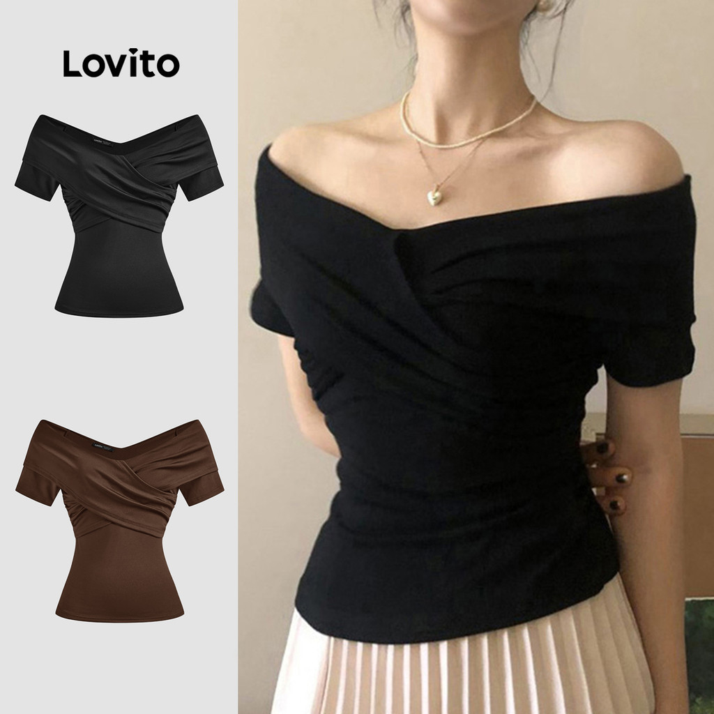 Lovito แคชชวล เสื้อไหล่เย็น ที-ฤดูร้อน/ฤดูใบไม้ผลิเสื้อสําหรับผู้หญิง L121MD373