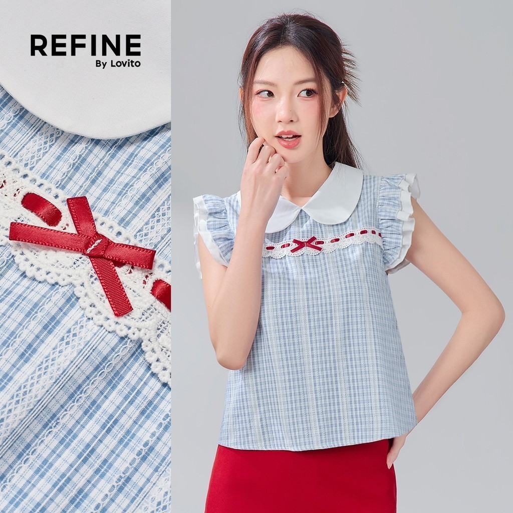 (Refine by Lovito) แคชชวล เสื้อเบลาส์น่ารัก ผ้าแจ็กการ์ด ผ้าฝ้าย สไตล์คลาสสิก อเนกประสงค์ ดีไซน์สีตัดกัน มีลูกไม้ สีฟ้า สำหรับผู้หญิง เหมาะสำหรับฤดูใบไม้ผลิ/ฤดูร้อน LR18E074