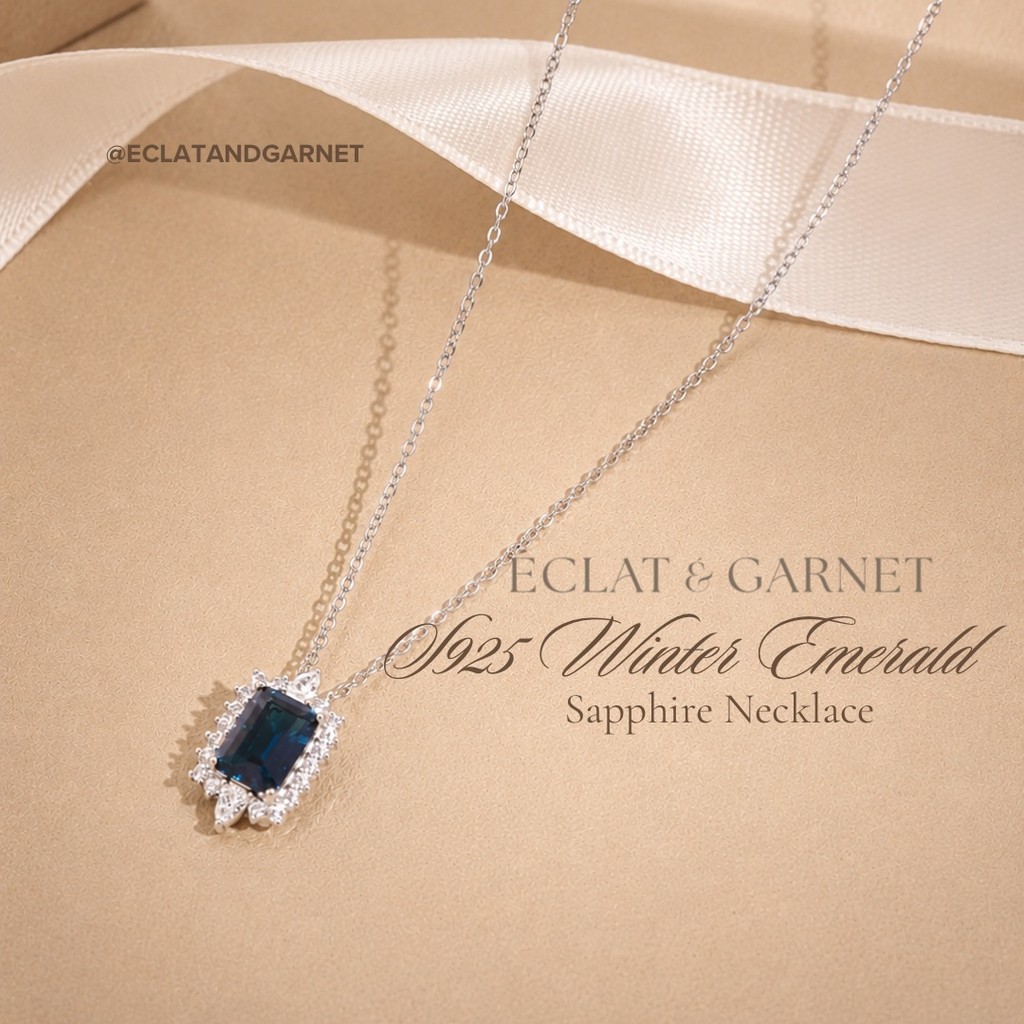 Eclat & โกเมน - S925 WINTER EMERALD SAPPHIRE NECKLACE LTE Premium Zircon เครื่องประดับ 925 เงินสเตอร