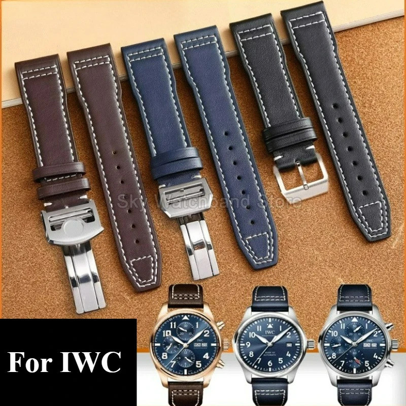 20 21 22 มม.สีดําสําหรับ IWC Pilots Mark 18 Spitfire ของแท้หนัง WatchStrap แบนอินเทอร์เฟซพับหัวเข็มข