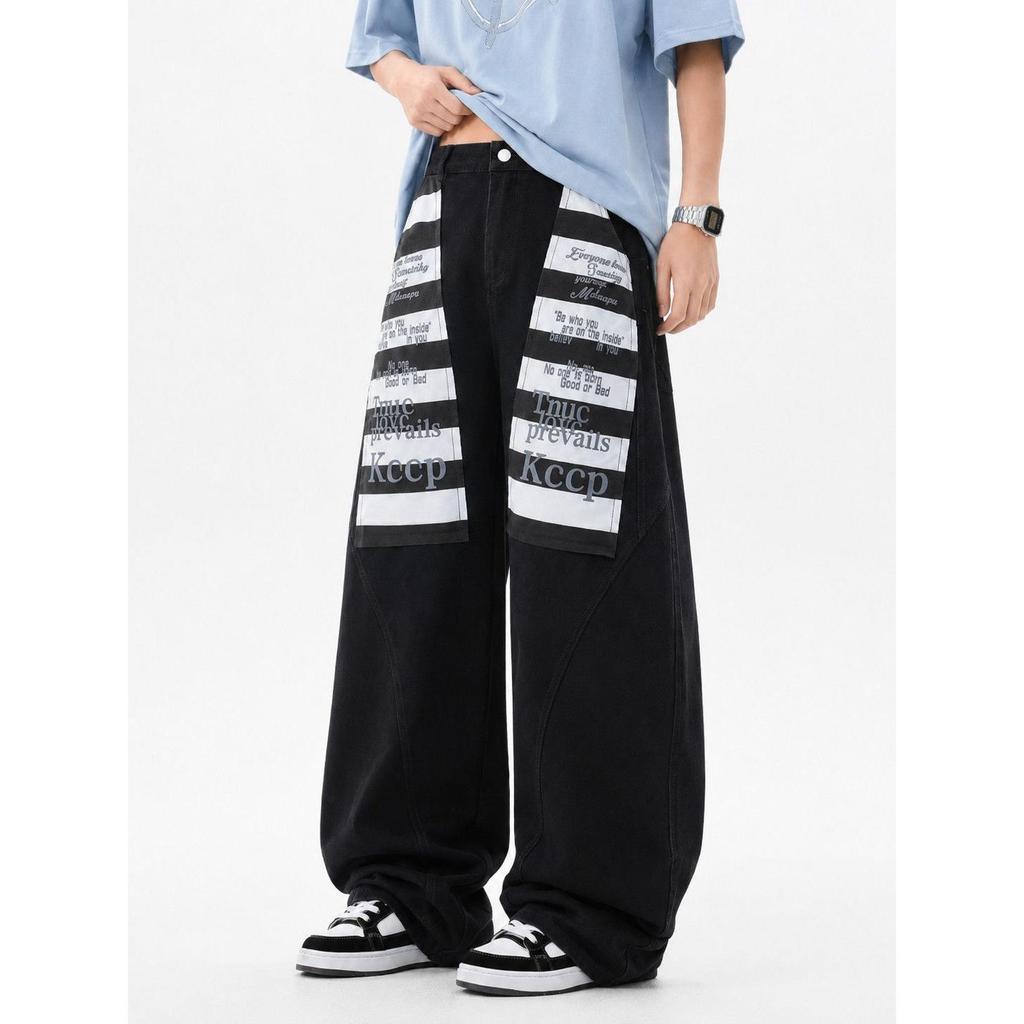 Washed Patch Macete Jeans West Coast American Pants High Street Loose Straight Casual Wide-Leg Pants