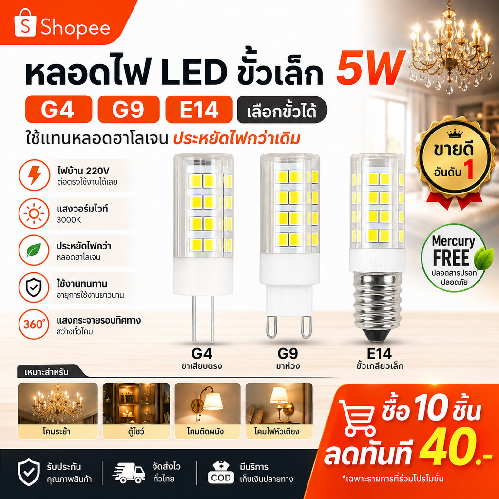 หลอดไฟ LED G4 G9 E14 220V AC ชิป 2835 แสงวอร์ม 2800K มุมแสง 360 องศา หลอดขั้วเล็ก ใช้กับโคมระย้า ตู้โชว์ โคมไฟหัวเตียง