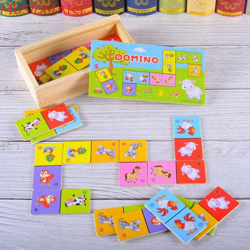 MUSICMART ไม้ Domino Building Blocks ชุด, จิ๊กซอว์ไม้สัตว์ Domino Puzzle ของเล่น, เด็กการศึกษาบล็อกก