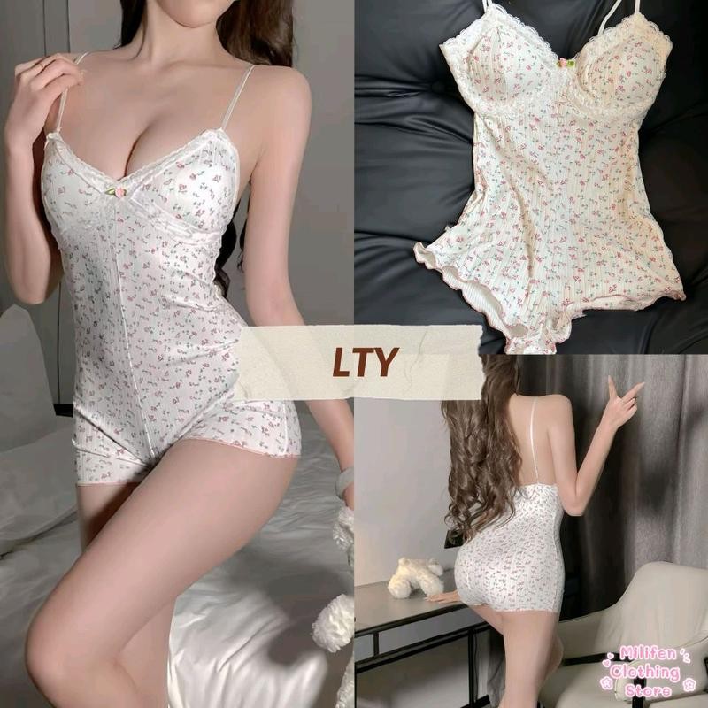 บอดี้สูท สายเดี่ยว ลายดอกไม้ LTY สุด Sexy คอวี ปักลูกไม้ บราในตัวถอดแยกได้ ปรับสายได้