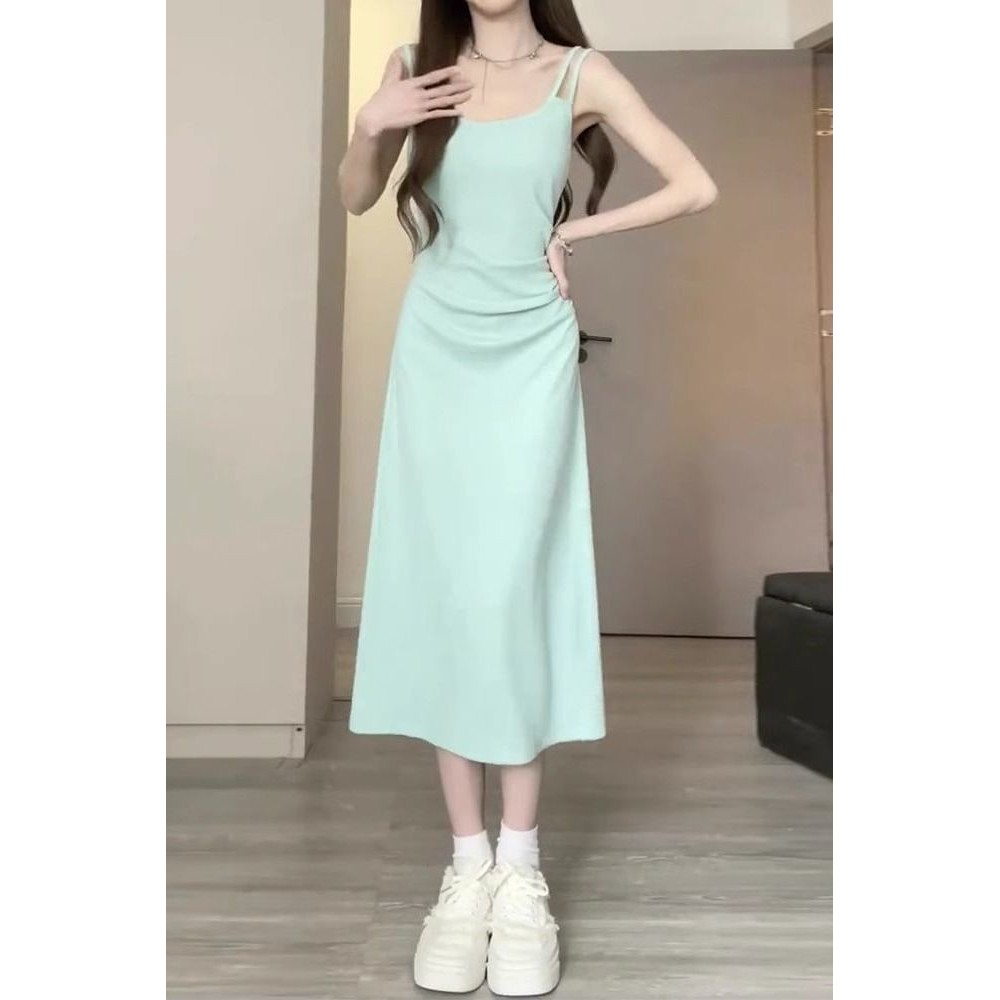 长款法式短款长款连衣裙 女 Amn knited Crushion truffled rrunchy Ruffled Mint สีเขียวสลิงยาวชุดฝรั่งเศสผู้หญิงถัก2