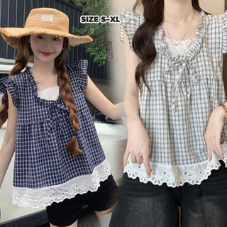 mimi&didi#เสื้อเชิ้ตแขนสั้นลายสก๊อตสองชิ้นปลอม ฤดูร้อน ชายเส…