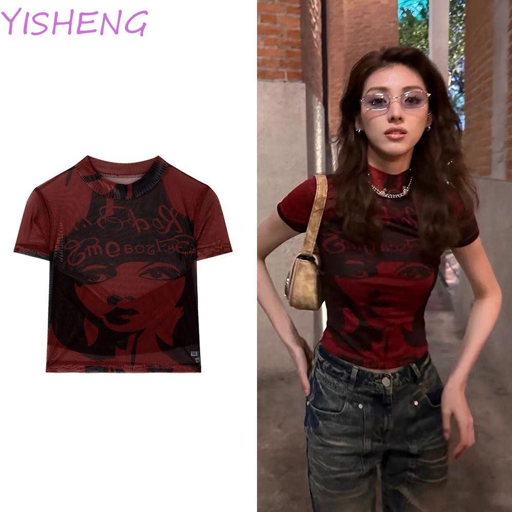 YISHENG58BS Retro Y2K Crop Tops, Slim Ultra Short Umbilical Corset Graphic Print Tank Top, Aesthetic