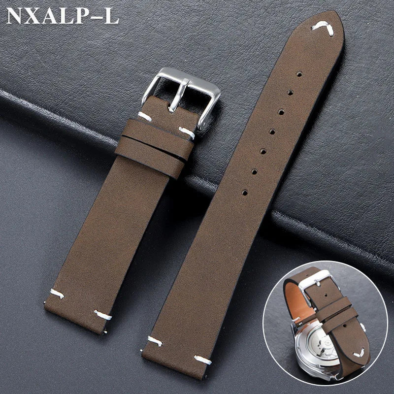 Vintage หนังนาฬิกา 20 มม.22 มม.Handmade เย็บสําหรับ Omega สําหรับ Seiko Smartwatch สายรัดข้อมือ Dark