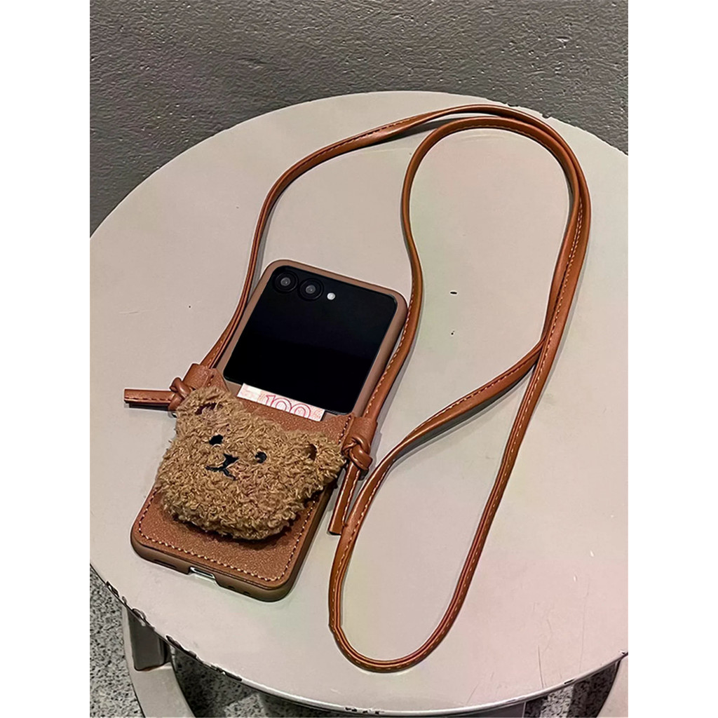 SAMSUNG แฟชั่นน่ารักCrossbody Lanyardสร้อยคอผู้ถือบัตรการ์ตูนขนสัตว์หมีสําหรับSamsung Galaxy Z Flip 