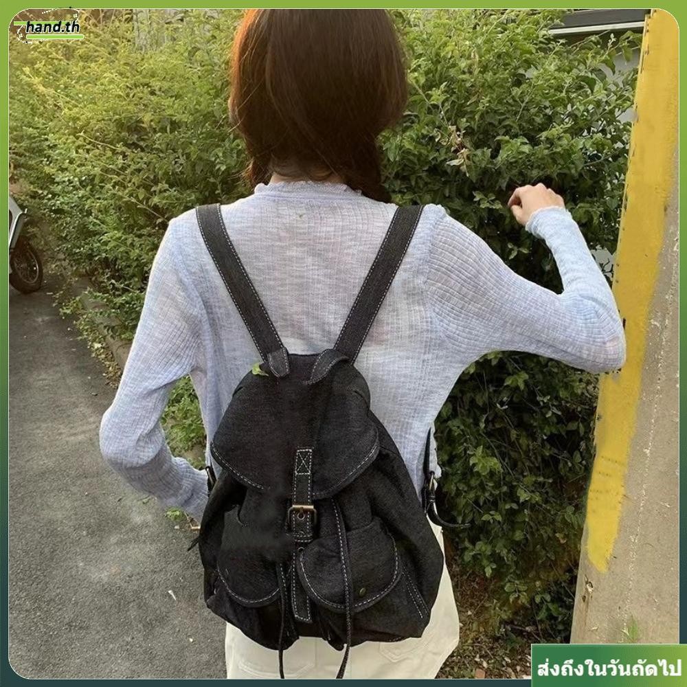 กระเป๋านักเรียนมือ,กระเป๋าเป้สะพายหลังย้อนยุคหลายกระเป๋า,แฟชั่นความจุขนาดใหญ่ล้างผ้ายีนส์ลูกไม้ขึ้นกระเป๋าผ้าใบนักเรียน