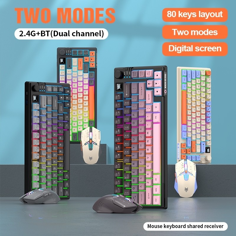 Xunfox คีย์บอร์ดและเมาส์ USB บลูทูธพร้อมปุ่มปรับระดับเสียงและจอแสดงผล 80 คีย์คีย์บอร์ดขนาดกะทัดรัด