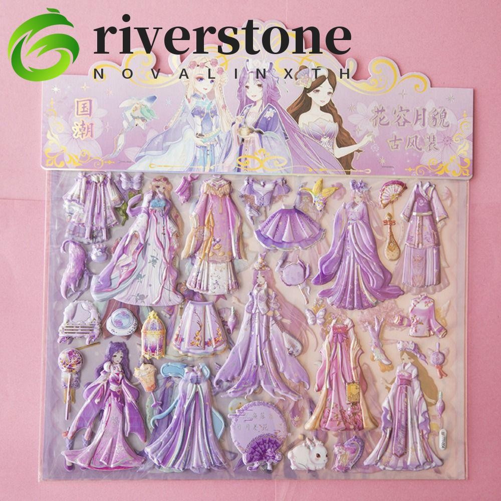 RIVERSTONE สติ๊กเกอร์แต่งตัวเจ้าหญิงจีน, สองชั้นแต่งตัวเจ้าหญิงเปลี่ยนสติ๊กเกอร์, แพ็คสติ๊กเกอร์ทําด้วยมือสไตล์โบราณ 3D Glitter เครื่องเขียนสติกเกอร์ของขวัญวันเกิด