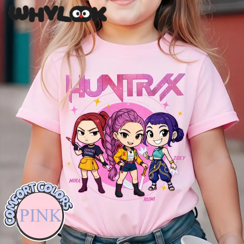 เสื้อแขนสั้น WHYLOOK สำหรับเด็กหญิงฤดูร้อน ผ้าฝ้าย การ์ตูนแอนิเมชัน Kpop Huntrix