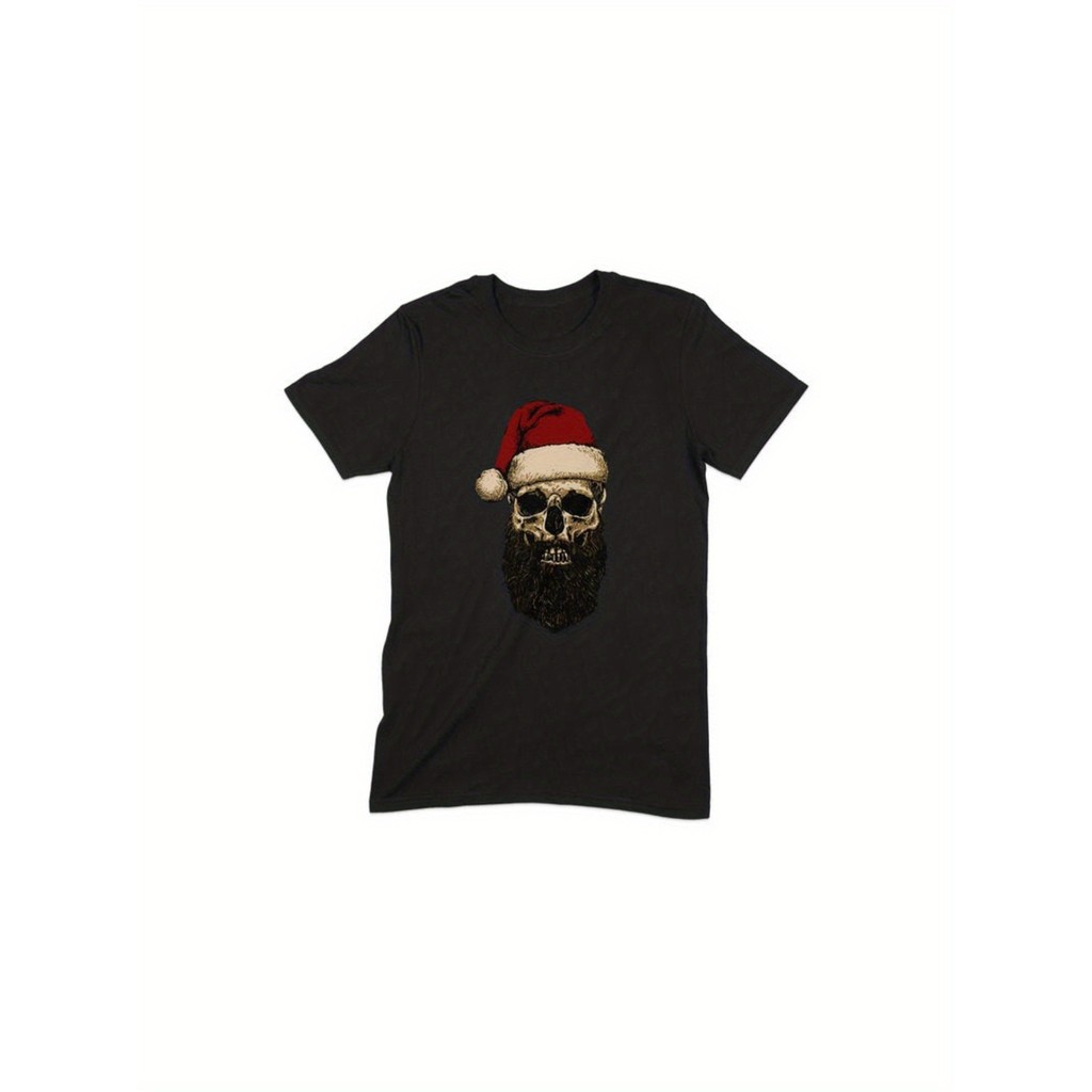 KATUN Mens Black Cotton Christmas Horror Santa Skull T-Shirt - Unique & Gothic Holiday Shirt
