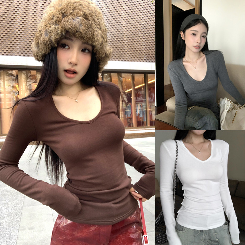 เสื้อยืดแขนยาวคอกลมสำหรับผู้หญิง ทำจากเนื้อผ้าคุณภาพเยอรมัน สไตล์สไลม์ฟิต