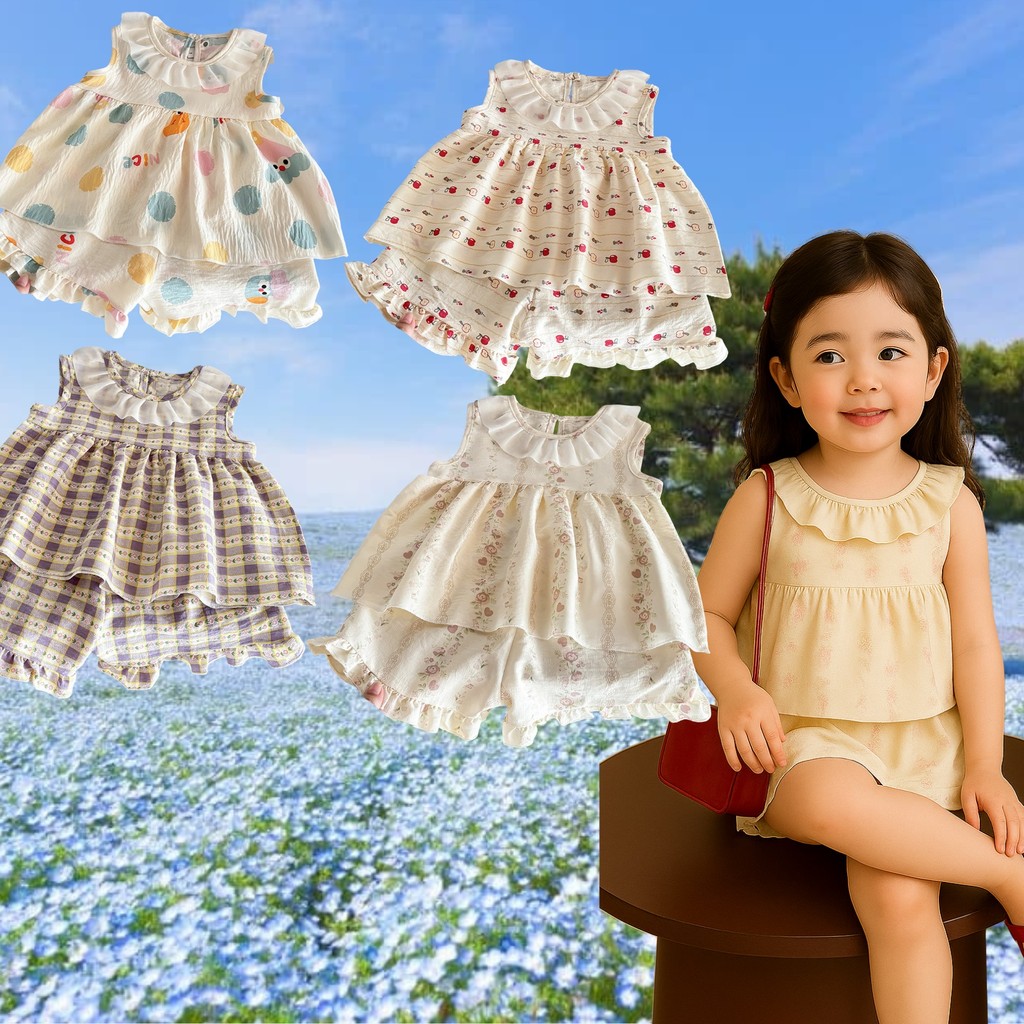 Dolemi Baby ชุดเสื้อแขนกุด กางเกงขาสั้น น่ารัก สำหรับเด็กหญิง 80-150 ซม. ชุดสองชิ้น  ลายแอปเปิ้ล ลายสก็อตสีม่วง