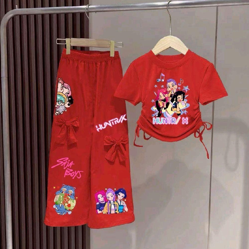 KINGชุดเซ็ทเด็กลายสุดฮิต Soda pop เสื้อผูกโบว์+กางเกงขายาวแต่งโบว์