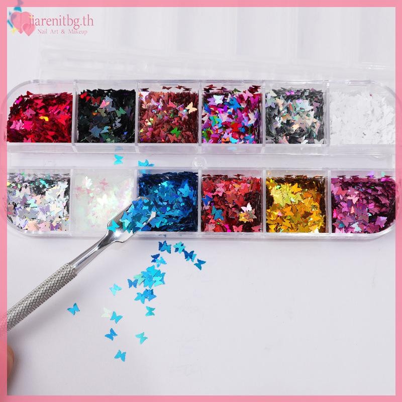 RENBG 12 กริด/กล่องเล็บ Enhancements เลื่อม Ultra-thin Star Bow รูปร่าง Glitter Gradient เล็บอุปกรณ์ตกแต่ง TH - รูปที่ 6