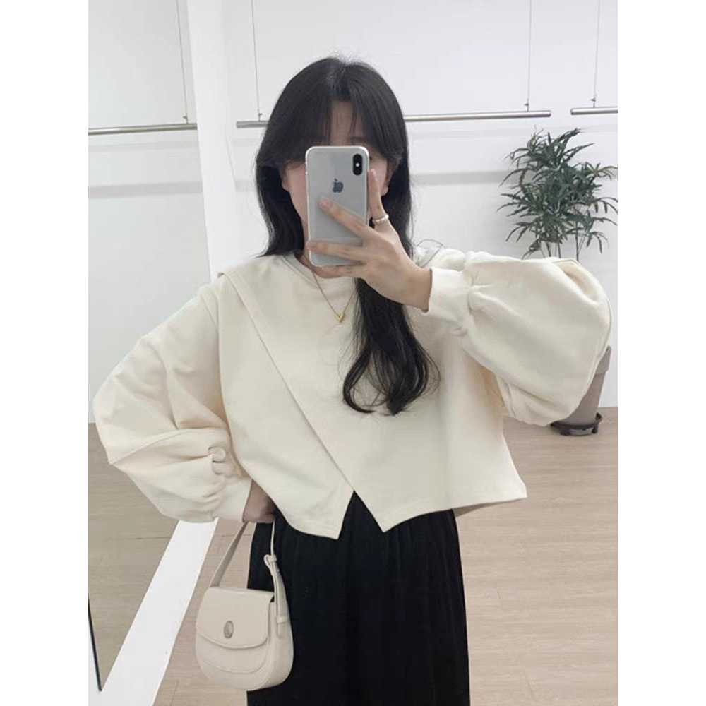 Dearvera Rasi Crop Sweater Crewneck Blouse Top Outwear Fleece Balloon Sleeves