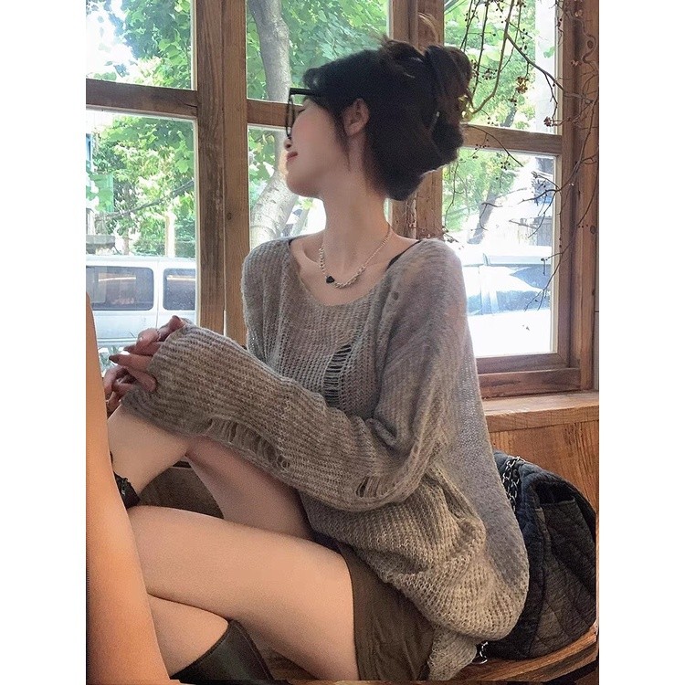 เสื้อไหมพรมแขนยาว ซีทรูเบาบางใส่สบาย เซ็กซี่น่ารัก -C เสื้อเปิดไหล่สไตล์เกาหลี - รูปที่ 6