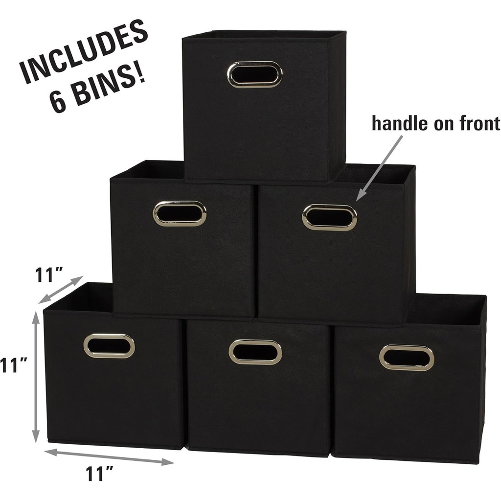 Household Essentials 80-1 Foldable Fabric Storage Bins | Set of 6 Cubby Cubes With Handles | Black