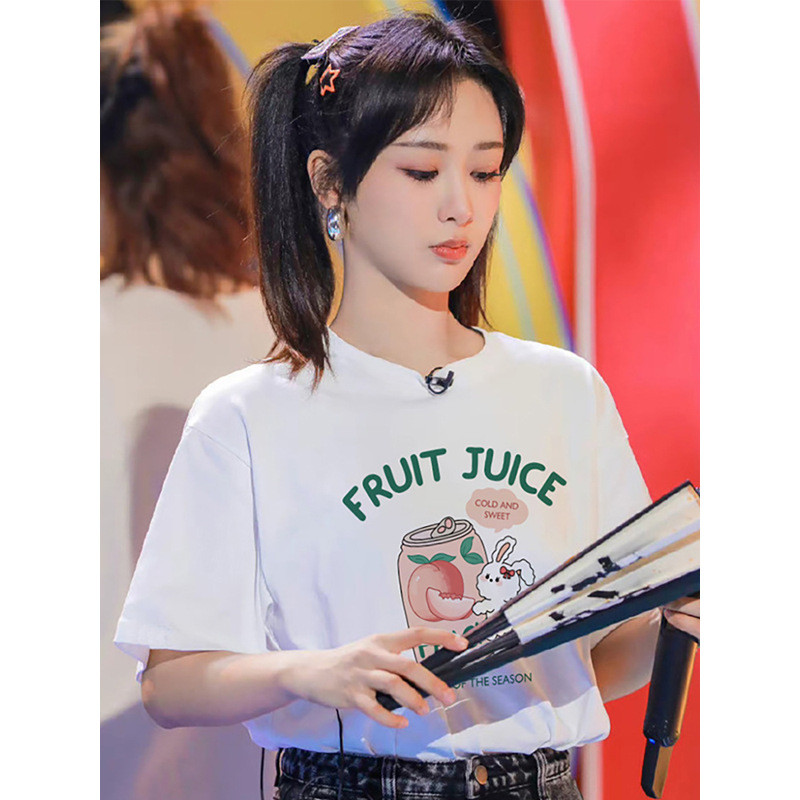 Yang Zi สไตล์ญี่ปุ่นหวาน เสื้อยืดไหล่กระต่ายแขนสั้น สำหรับผู้หญิง ฤดูร้อน 2024