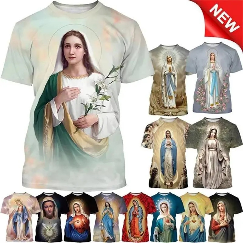 เสื้อยืดผู้หญิงแขนสั้นสไตล์คริสเตียน พิมพ์ลายเจ้าแม่กวนอิมและพระเยซู