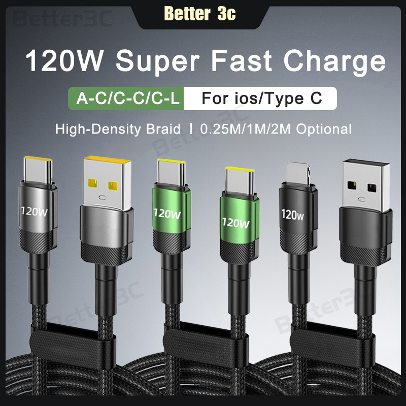 6A Super Fast Charging สาย USB 0.25 M/1 M/2 M High-Density Braid Anti-Bending สายไฟ 120 W High Power สายชาร์จโทรศัพท์สําหรับ ios/Type C – โปรปัง