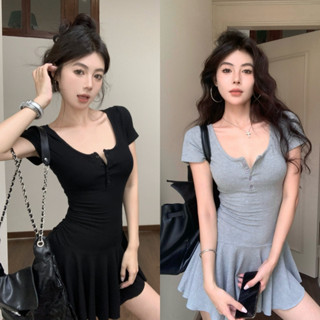 Bella Shop ชุดเดรสสีเทา คอวี แขนสั้น เซ็กซี่ ลดอายุ เอวเข้าร…