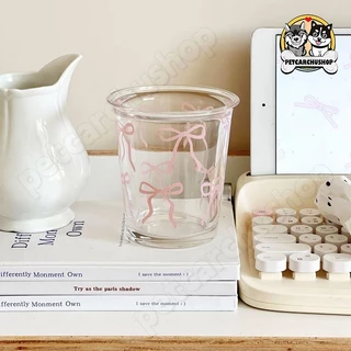 Home café แก้วน้ำแก้วกาแฟ ลายโบว์สีชมพู โปร่งใส ดีไซน์น่ารัก สำหรับตกแต่งและใช้งานจริง