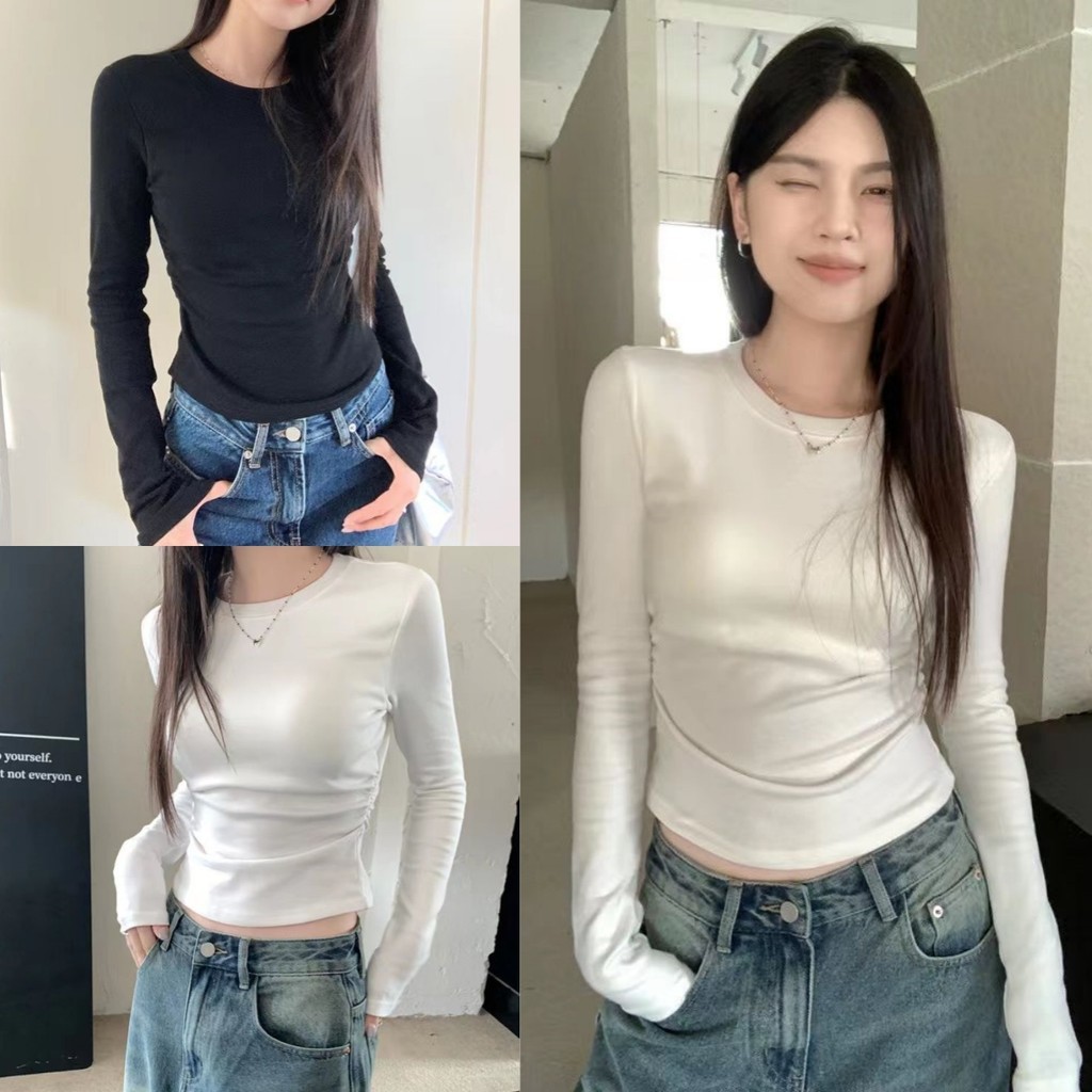 Bella Shop เสื้อยืดแขนยาวคอกลมสาวร้อนหวาน สีทึบสไตล์พื้นฐานแฟชั่นแคบ-เอวด้านบนผู้หญิง