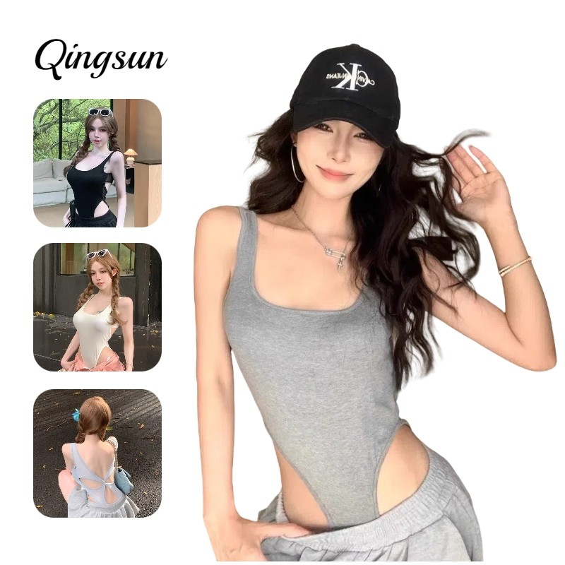 🌻Qingsun สไตล์เกาหลี เซ็กซี่ ชุดบอดี้สูท มินิมอลสไตล์ ดีเทลซีทรูเว้าหลัง ยืดพิดีสีพาสเทล "FY940"