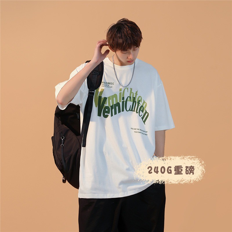 2025 NEW 2025240G Heavyweight Short Sleeve T-Shirt Men Ins Trendy Brand Hong Kong Style Loose Top Su