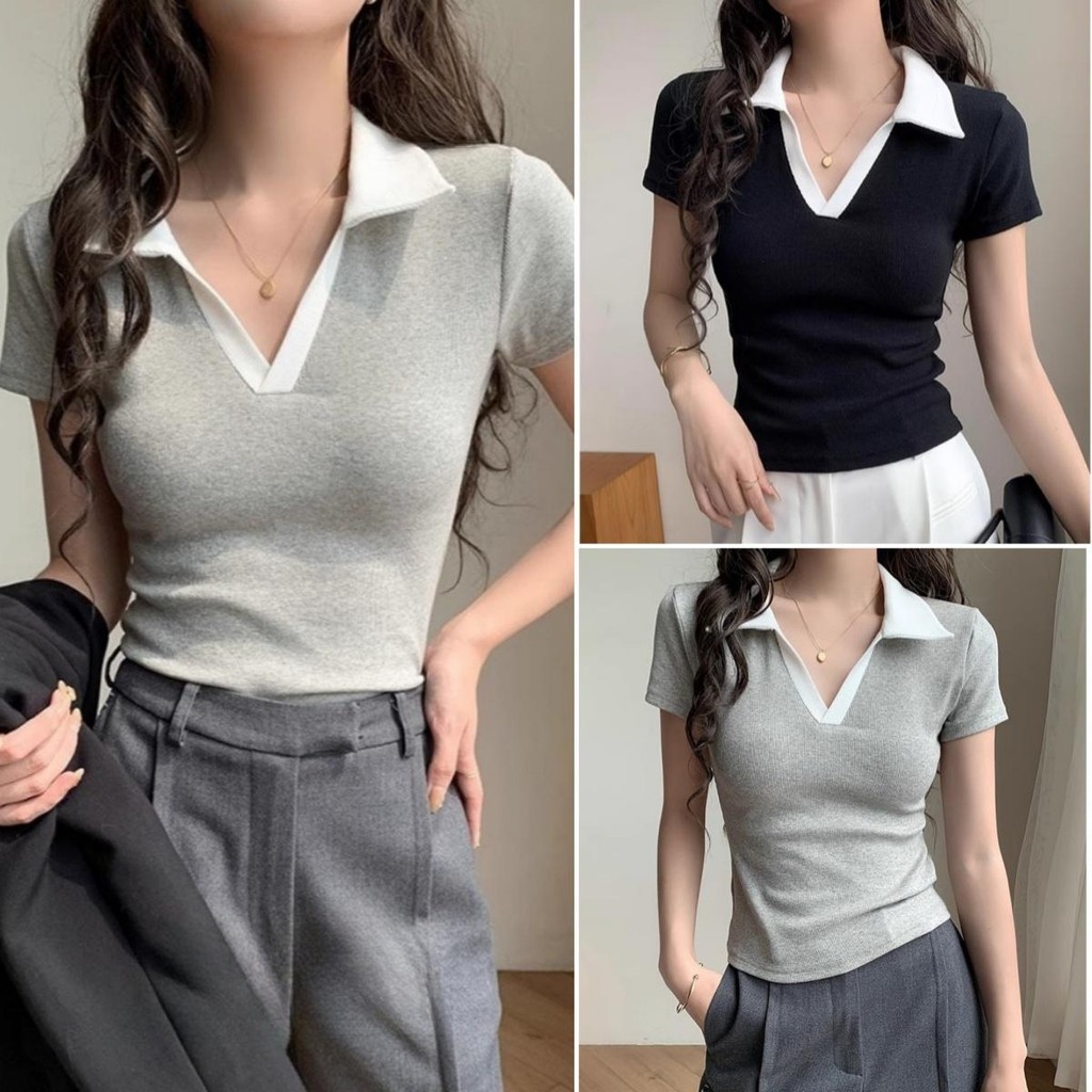 Hotgirl พร้อมส่ง เสื้อยืดคอโปโล เสื้อยืดรัดรูป แฟชั่น แขนสั้น ดีไซน์การประกบ คอวีสั้น สไตล์เกาหลี